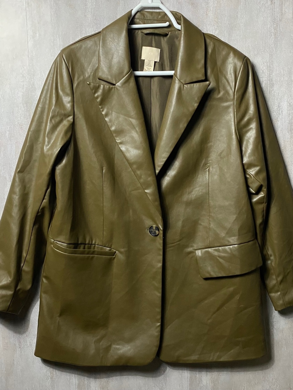 HM Womens Faux Leather Blazer S Oversized Olive Green Vegan Leather Streetwear